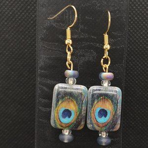 NEW - 18K Gold Plated Hardware with Peacock Stone - Handmade Earrings
